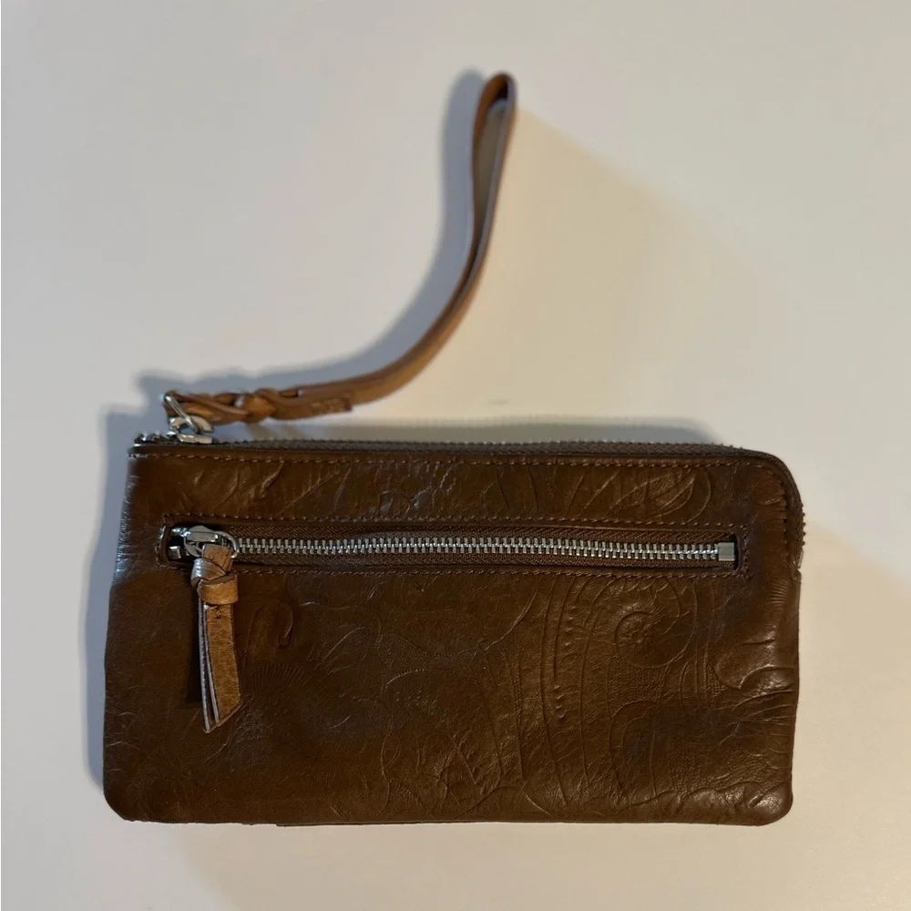 MARGOT Cognac Genuine Leather Card Case Wristlet Wallet Zipper Closure